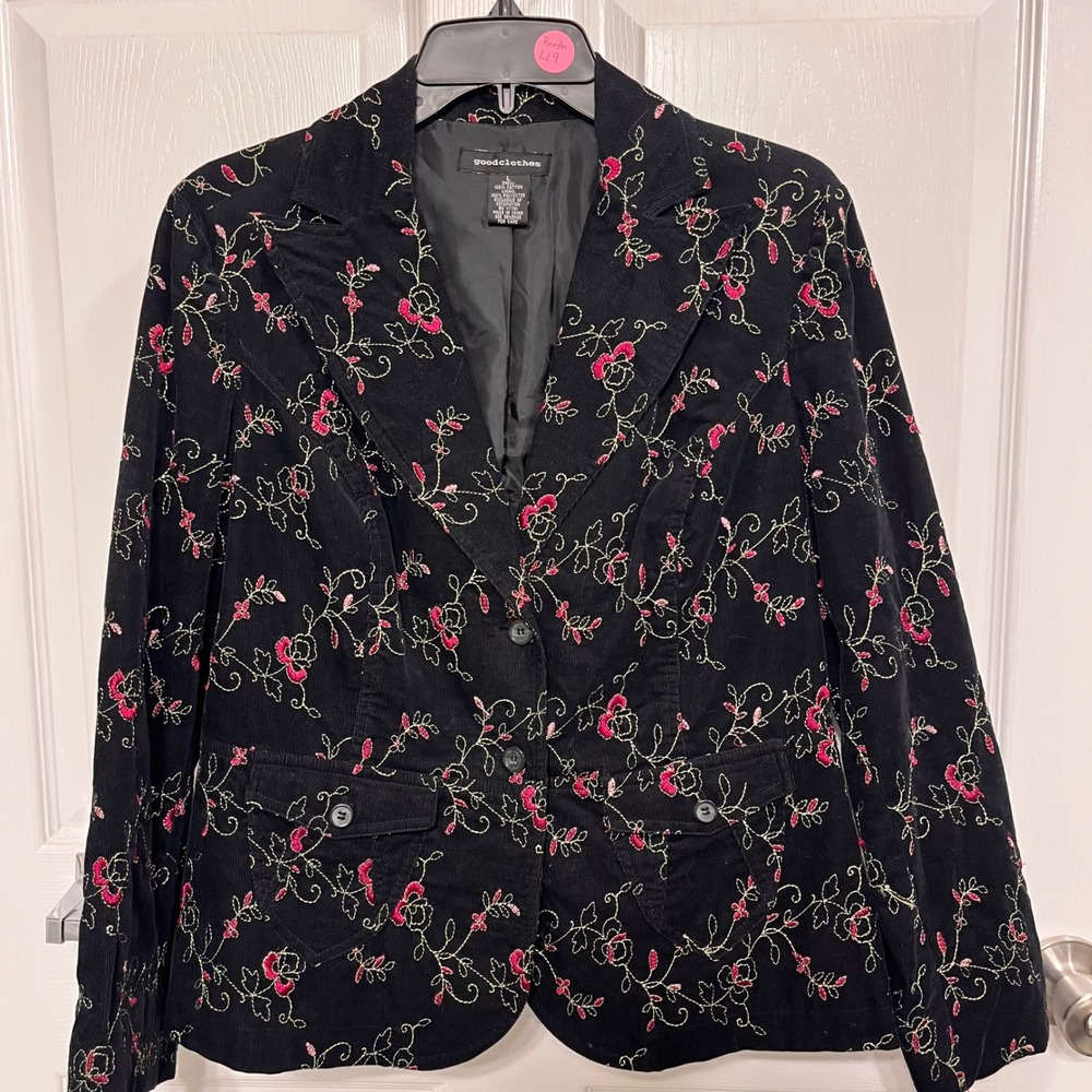 Goodclothes Womens Black Corduroy Floral Embroidered Blazer Jacket Size L Cotton